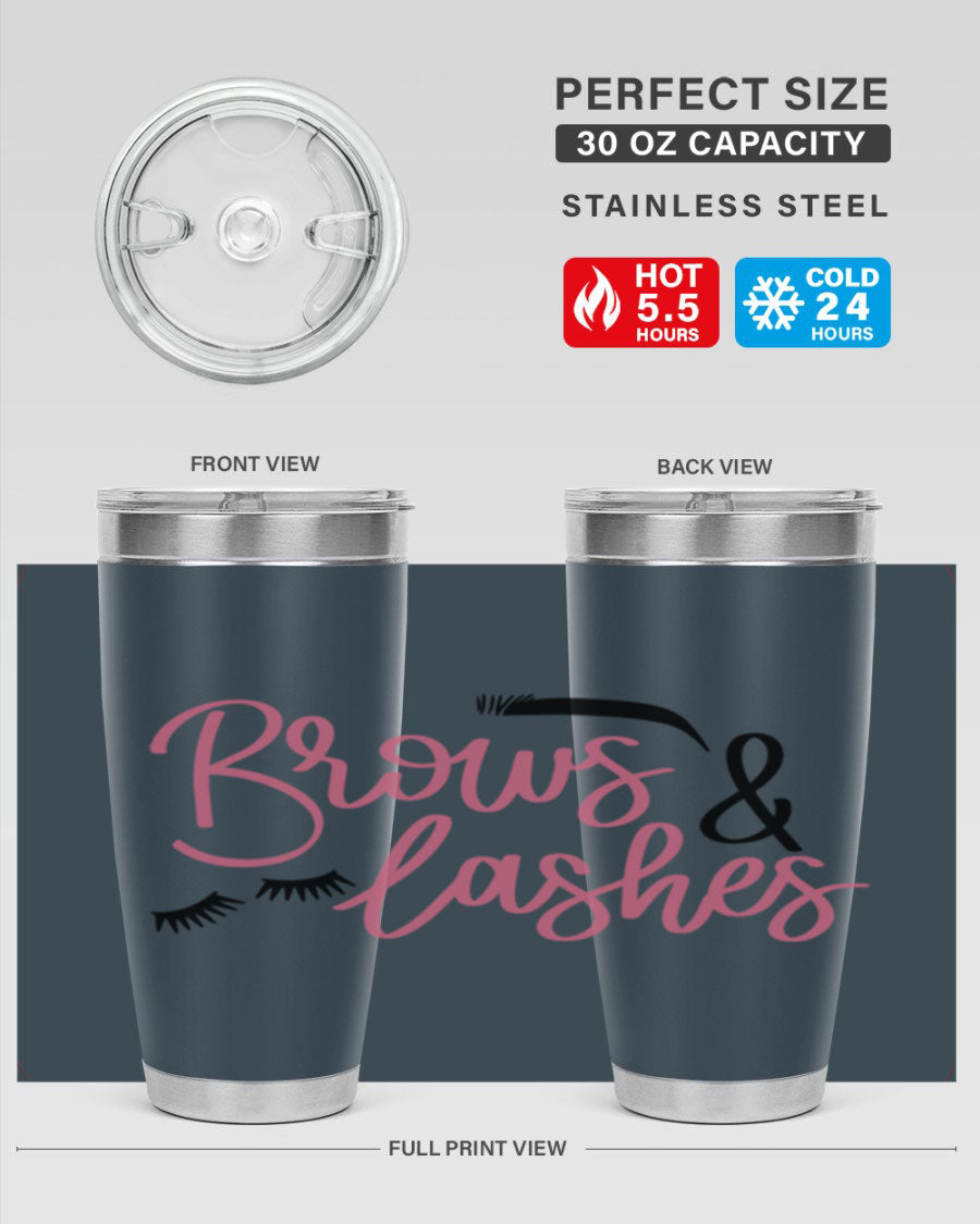 Brows Lashes Style 122# Tumbler in stainless steel with a stylish design, perfect for hot and cold beverages.