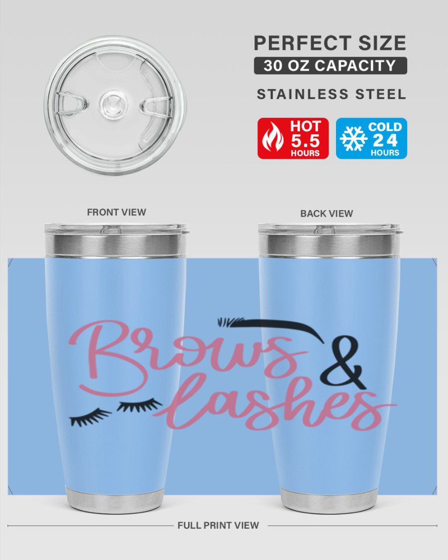 Brows Lashes Style 122# Tumbler in stainless steel with a stylish design, perfect for hot and cold beverages.