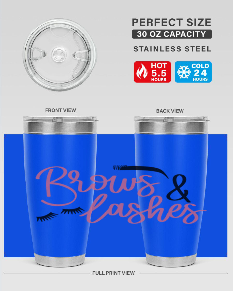 Brows Lashes Style 122# Tumbler in stainless steel with a stylish design, perfect for hot and cold beverages.