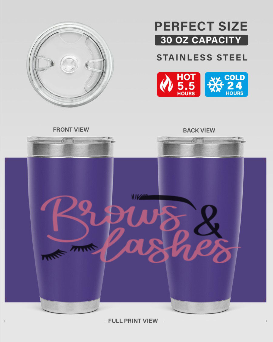 Brows Lashes Style 122# Tumbler in stainless steel with a stylish design, perfect for hot and cold beverages.