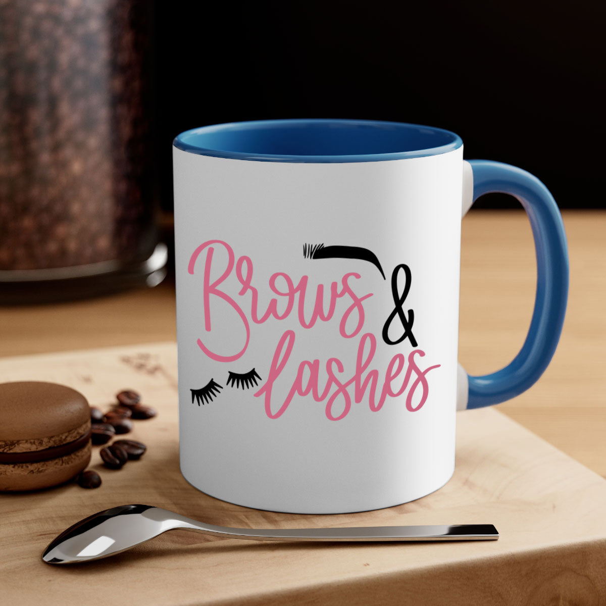 Brows Lashes Style 122# Mug featuring a glossy finish, colored handle, and interior in vibrant colors.