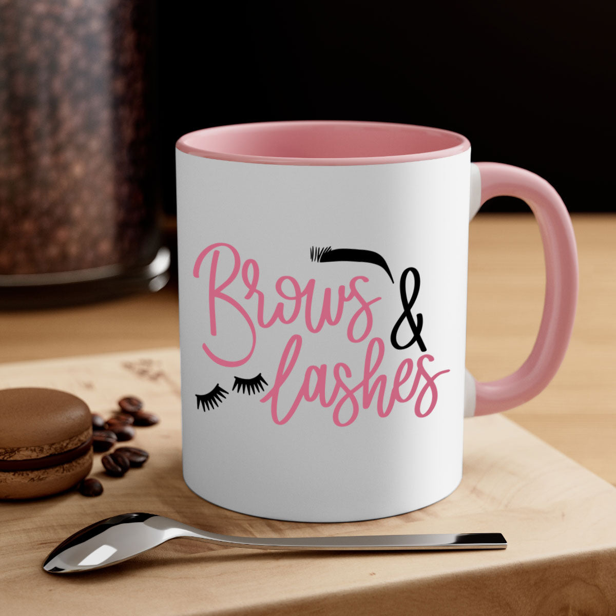 Brows Lashes Style 122# Mug featuring a glossy finish, colored handle, and interior in vibrant colors.