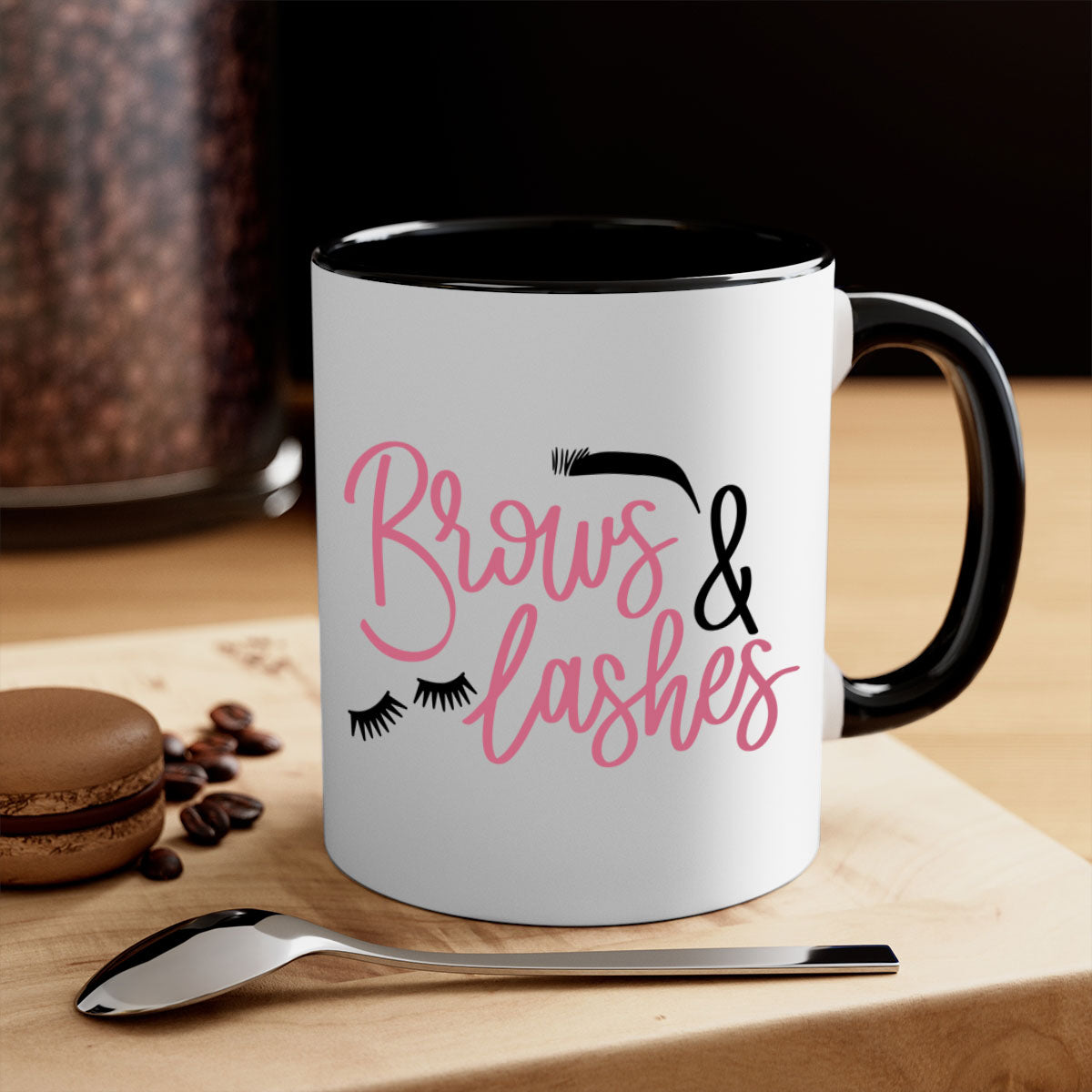 Brows Lashes Style 122# Mug featuring a glossy finish, colored handle, and interior in vibrant colors.