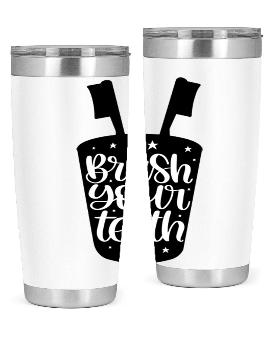 Brush your teeth 45# tumbler in stainless steel with a drink-thru lid, showcasing its sleek design and double wall insulation.