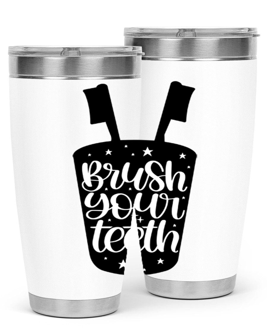 Brush your teeth 45# tumbler in stainless steel with a drink-thru lid, showcasing its sleek design and double wall insulation.