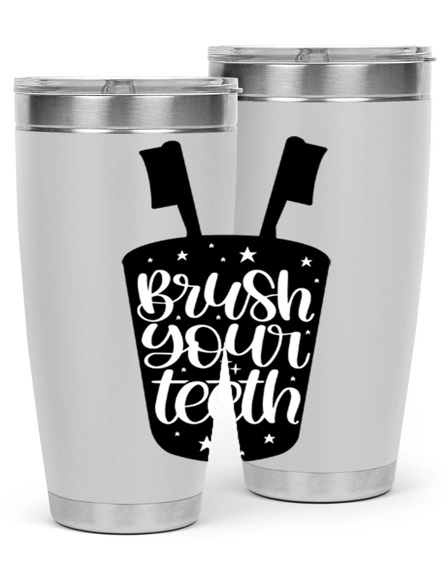 Brush your teeth 45# tumbler in stainless steel with a drink-thru lid, showcasing its sleek design and double wall insulation.