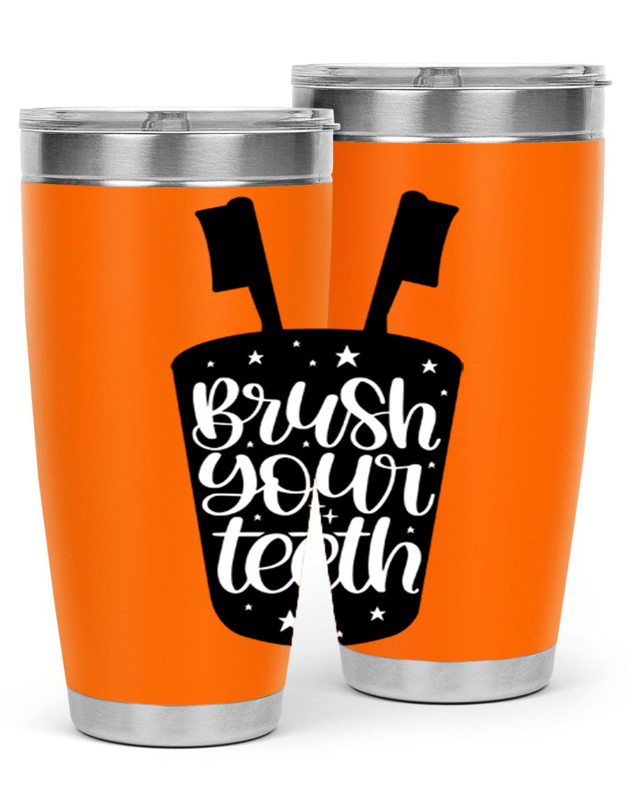 Brush your teeth 45# tumbler in stainless steel with a drink-thru lid, showcasing its sleek design and double wall insulation.