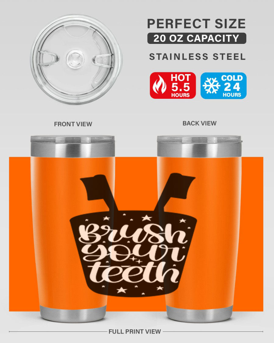 Brush your teeth 45# tumbler in stainless steel with a drink-thru lid, showcasing its sleek design and double wall insulation.