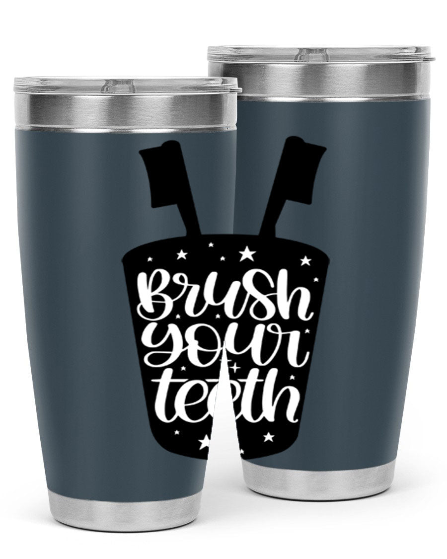 Brush your teeth 45# tumbler in stainless steel with a drink-thru lid, showcasing its sleek design and double wall insulation.