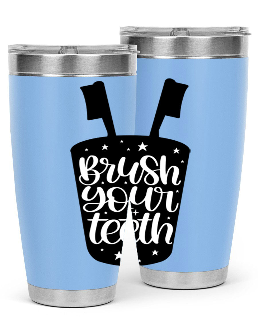 Brush your teeth 45# tumbler in stainless steel with a drink-thru lid, showcasing its sleek design and double wall insulation.