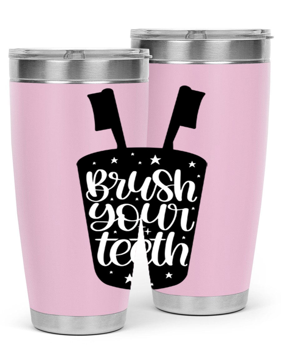 Brush your teeth 45# tumbler in stainless steel with a drink-thru lid, showcasing its sleek design and double wall insulation.