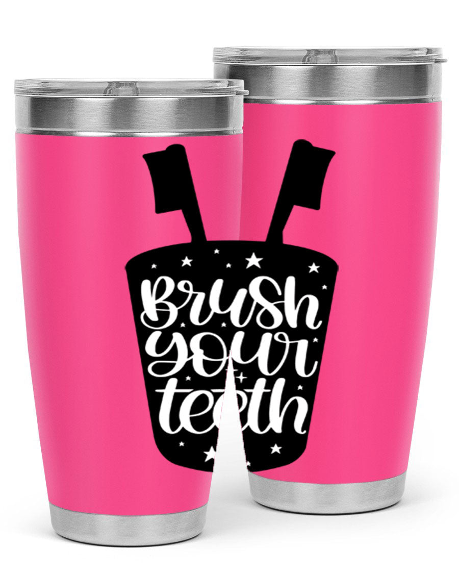 Brush your teeth 45# tumbler in stainless steel with a drink-thru lid, showcasing its sleek design and double wall insulation.