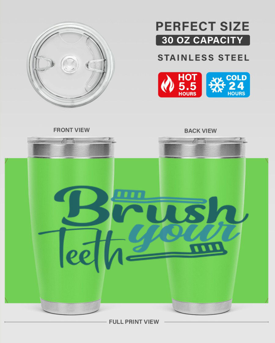 Brush Your Teeth 87# Tumbler in stainless steel with a drink-thru lid, showcasing its sleek design and double wall insulation.