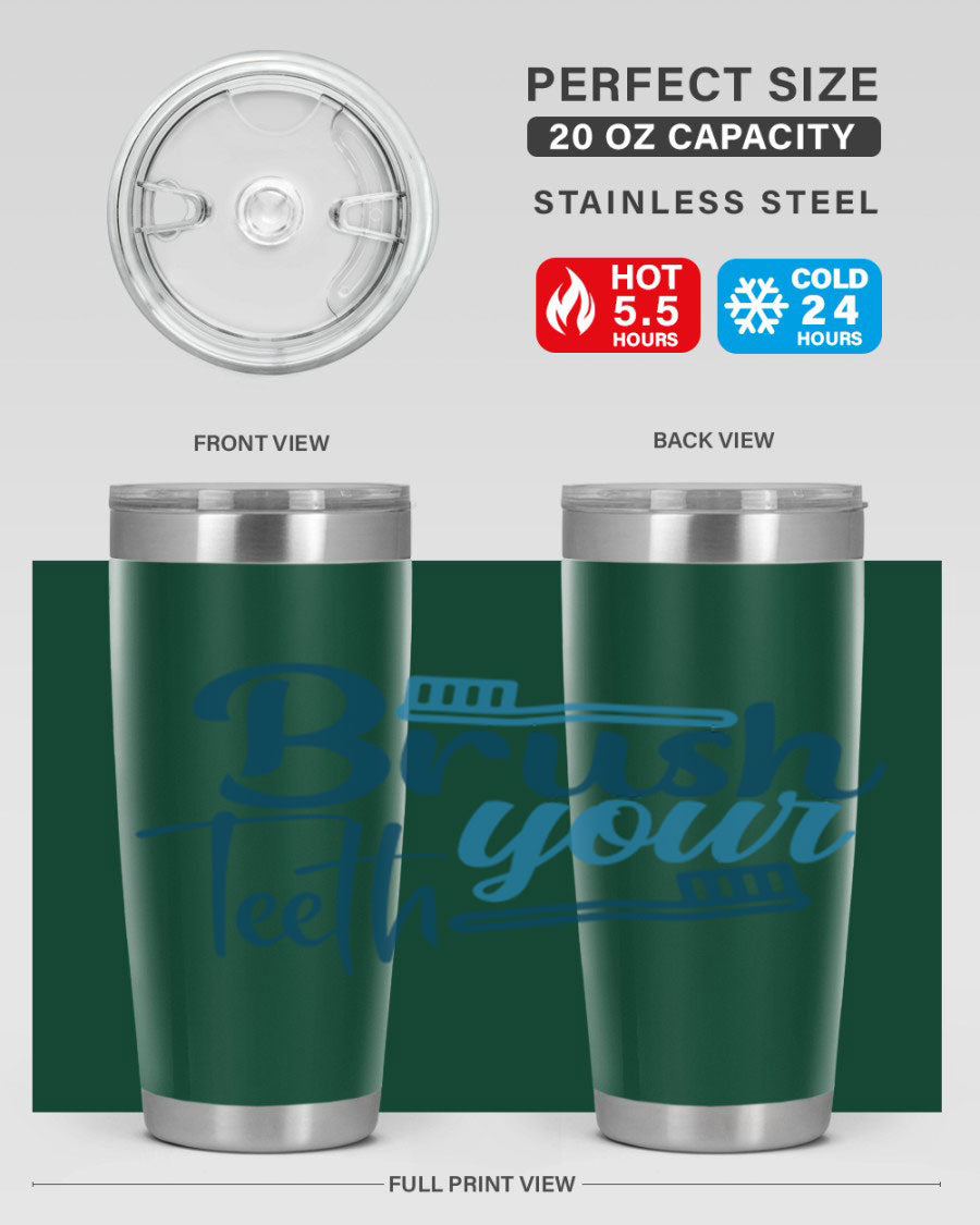 Brush Your Teeth 87# Tumbler in stainless steel with a drink-thru lid, showcasing its sleek design and double wall insulation.