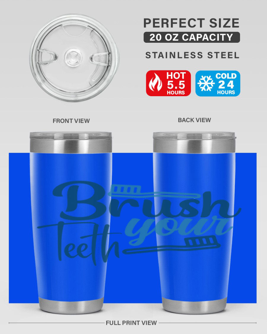 Brush Your Teeth 87# Tumbler in stainless steel with a drink-thru lid, showcasing its sleek design and double wall insulation.