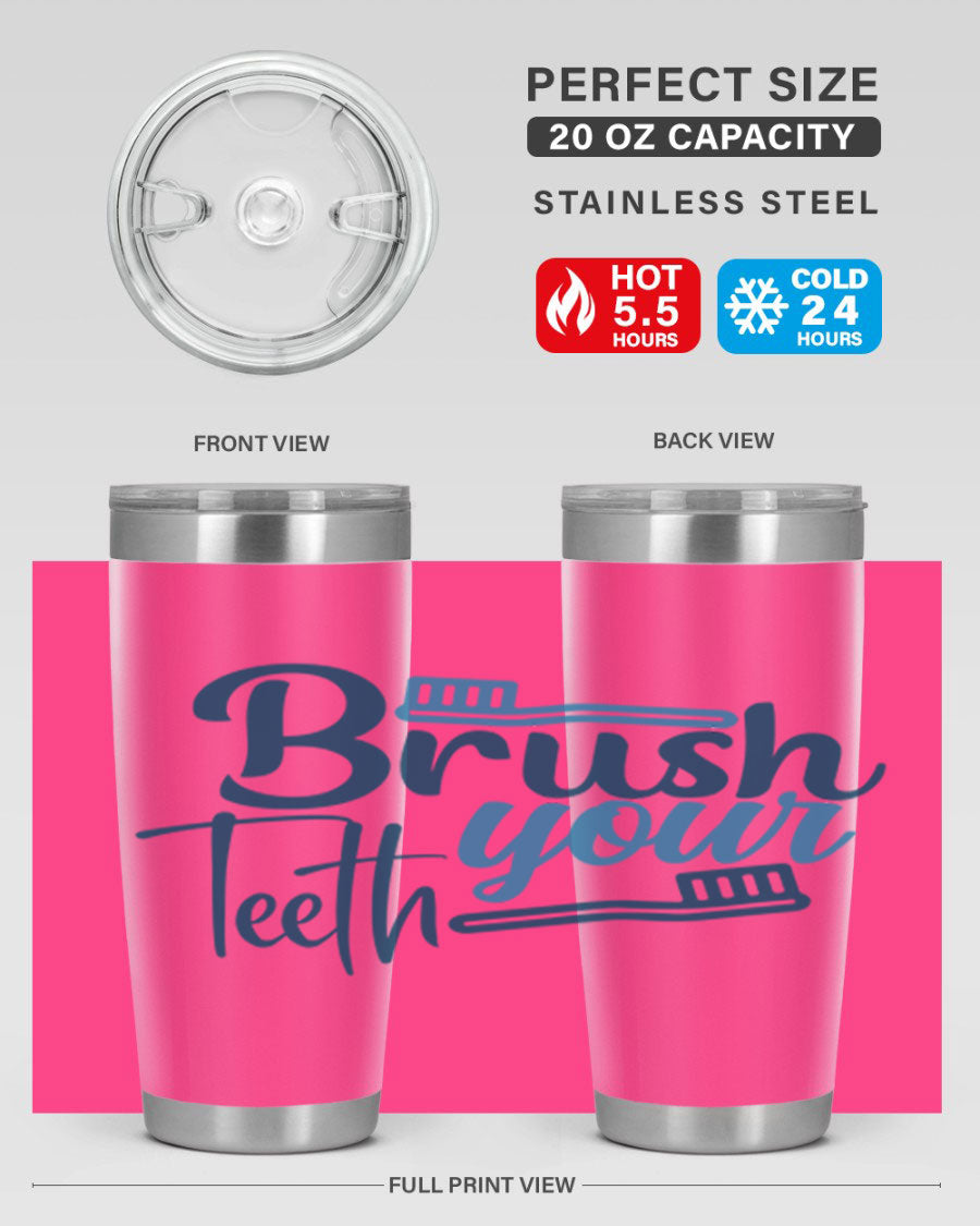 Brush Your Teeth 87# Tumbler in stainless steel with a drink-thru lid, showcasing its sleek design and double wall insulation.