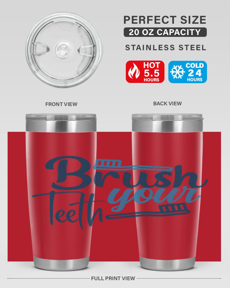 Brush Your Teeth 87# Tumbler in stainless steel with a drink-thru lid, showcasing its sleek design and double wall insulation.