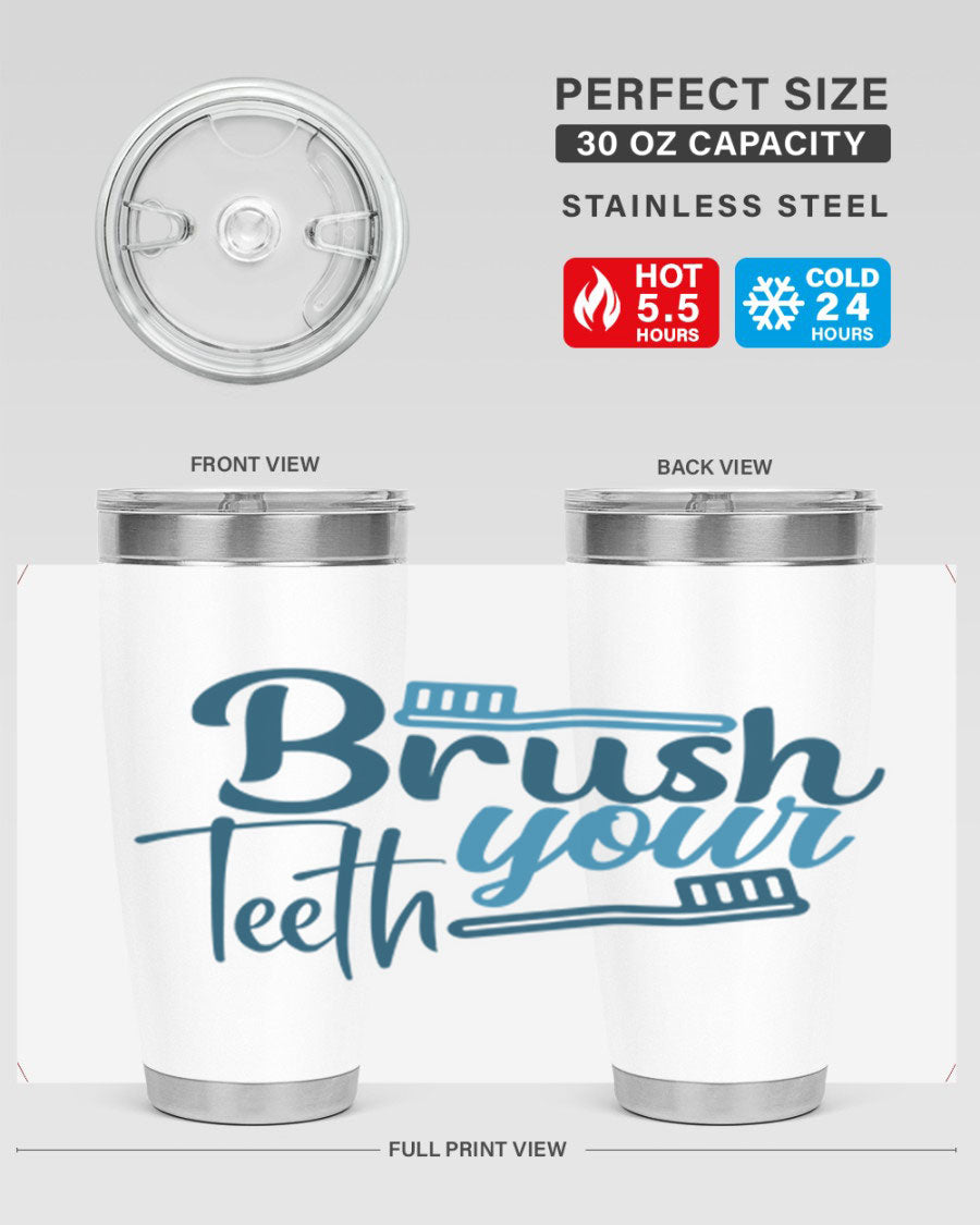 Brush Your Teeth 87# Tumbler in stainless steel with a drink-thru lid, showcasing its sleek design and double wall insulation.