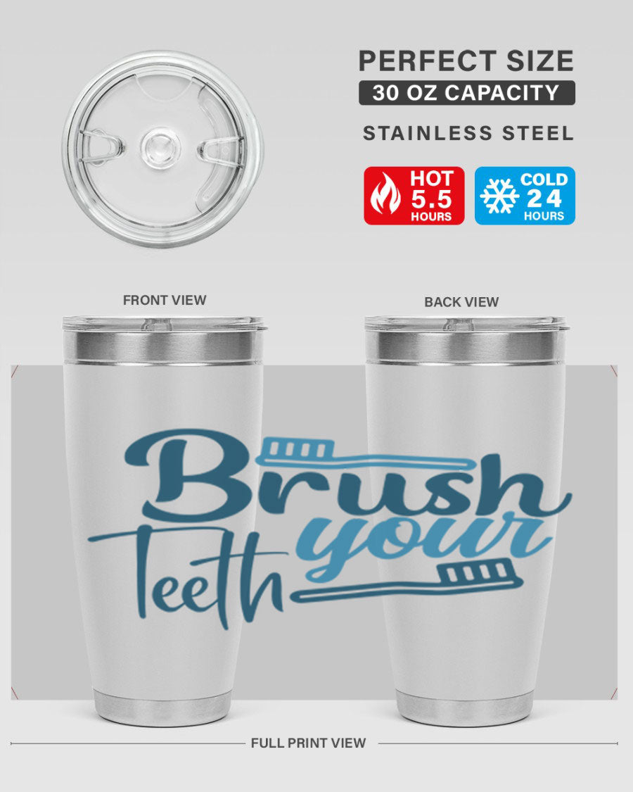 Brush Your Teeth 87# Tumbler in stainless steel with a drink-thru lid, showcasing its sleek design and double wall insulation.