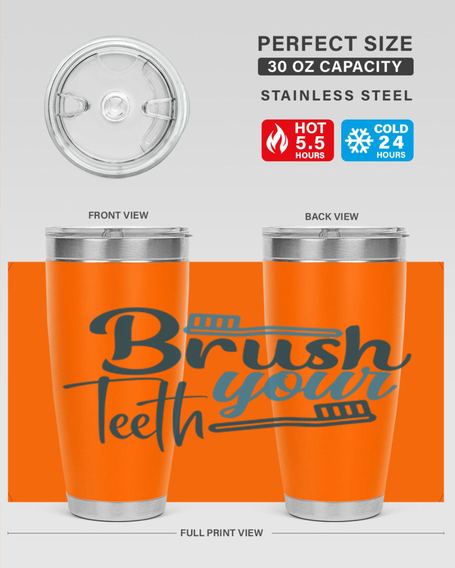 Brush Your Teeth 87# Tumbler in stainless steel with a drink-thru lid, showcasing its sleek design and double wall insulation.