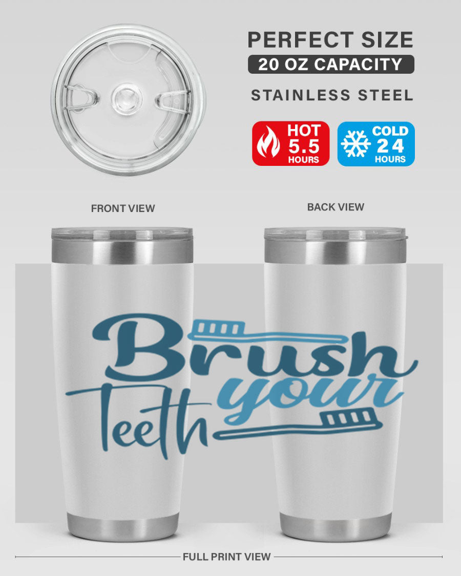 Brush Your Teeth 87# Tumbler in stainless steel with a drink-thru lid, showcasing its sleek design and double wall insulation.