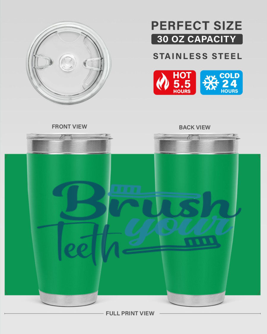 Brush Your Teeth 87# Tumbler in stainless steel with a drink-thru lid, showcasing its sleek design and double wall insulation.