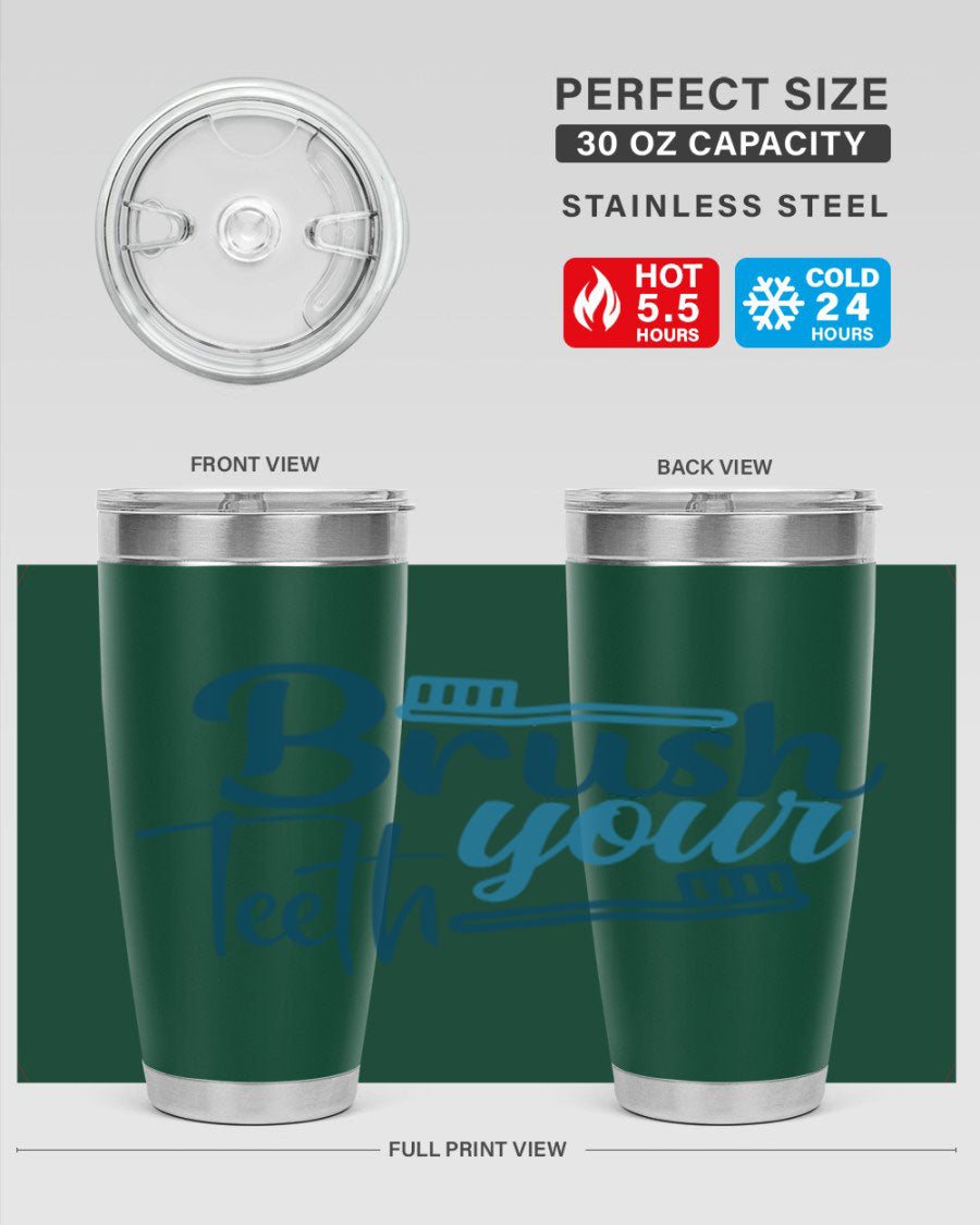 Brush Your Teeth 87# Tumbler in stainless steel with a drink-thru lid, showcasing its sleek design and double wall insulation.