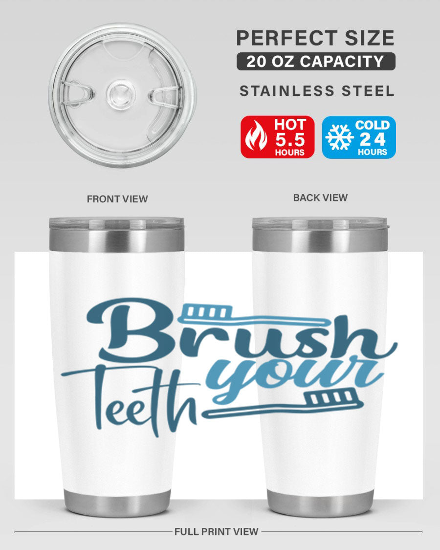 Brush Your Teeth 87# Tumbler in stainless steel with a drink-thru lid, showcasing its sleek design and double wall insulation.