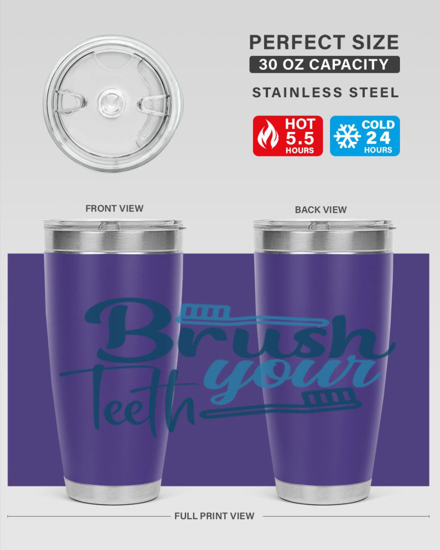 Brush Your Teeth 87# Tumbler in stainless steel with a drink-thru lid, showcasing its sleek design and double wall insulation.