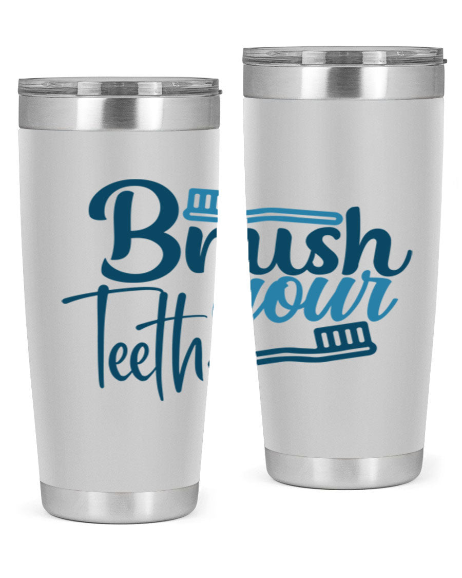 Brush Your Teeth 87# Tumbler in stainless steel with a drink-thru lid, showcasing its sleek design and double wall insulation.