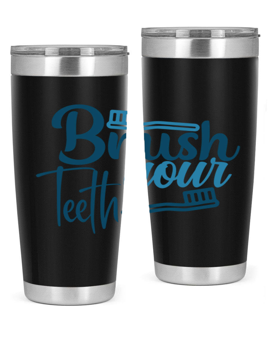 Brush Your Teeth 87# Tumbler in stainless steel with a drink-thru lid, showcasing its sleek design and double wall insulation.