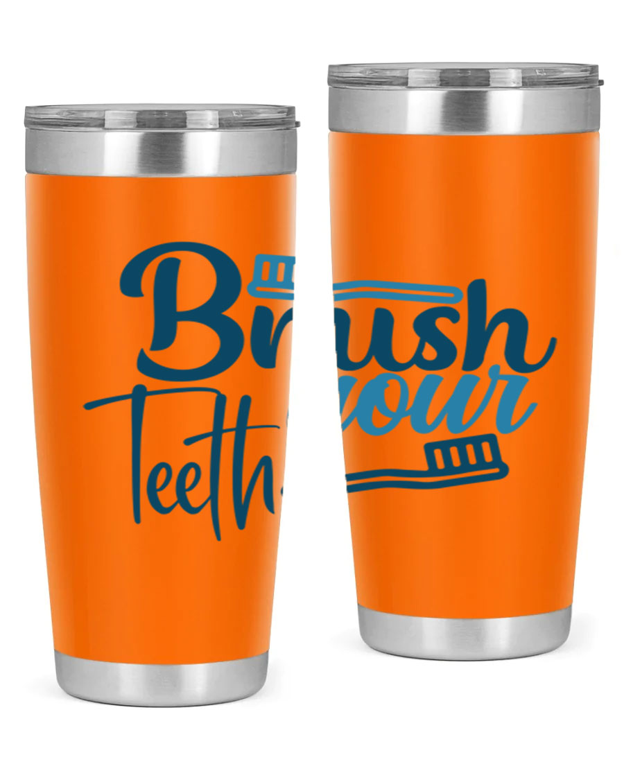 Brush Your Teeth 87# Tumbler in stainless steel with a drink-thru lid, showcasing its sleek design and double wall insulation.