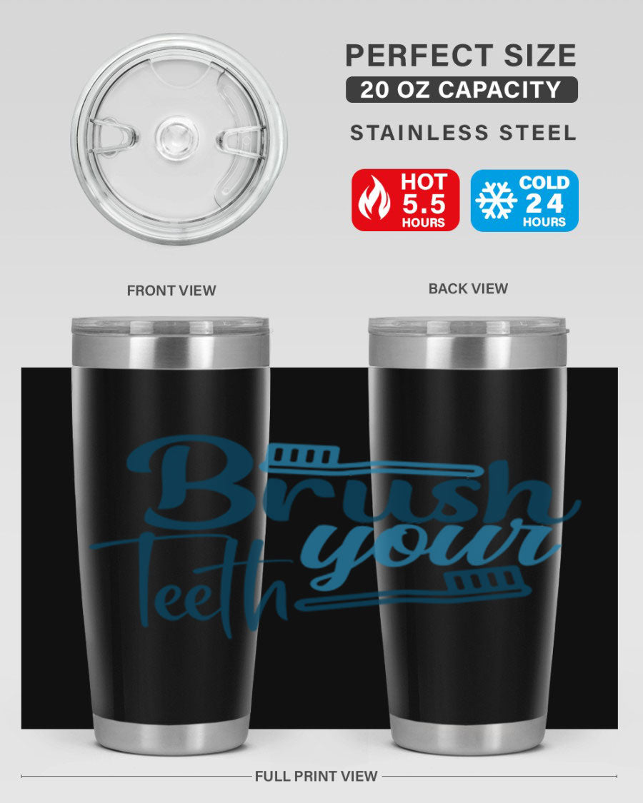 Brush Your Teeth 87# Tumbler in stainless steel with a drink-thru lid, showcasing its sleek design and double wall insulation.