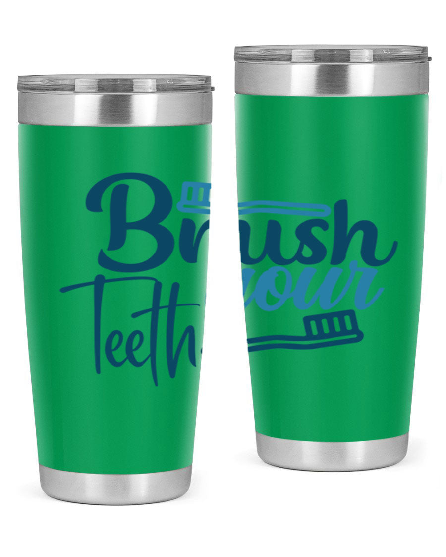 Brush Your Teeth 87# Tumbler in stainless steel with a drink-thru lid, showcasing its sleek design and double wall insulation.