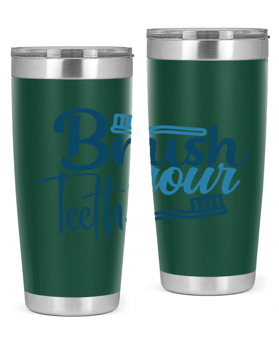 Brush Your Teeth 87# Tumbler in stainless steel with a drink-thru lid, showcasing its sleek design and double wall insulation.