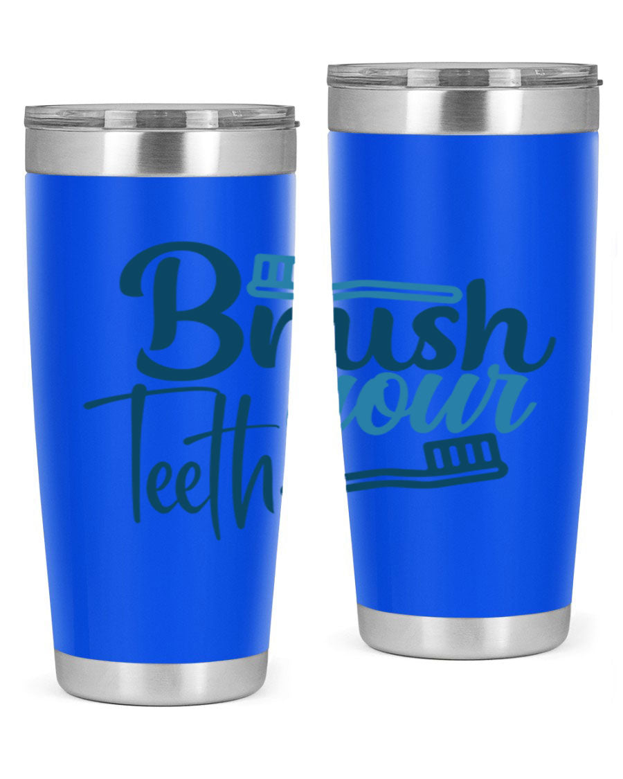 Brush Your Teeth 87# Tumbler in stainless steel with a drink-thru lid, showcasing its sleek design and double wall insulation.