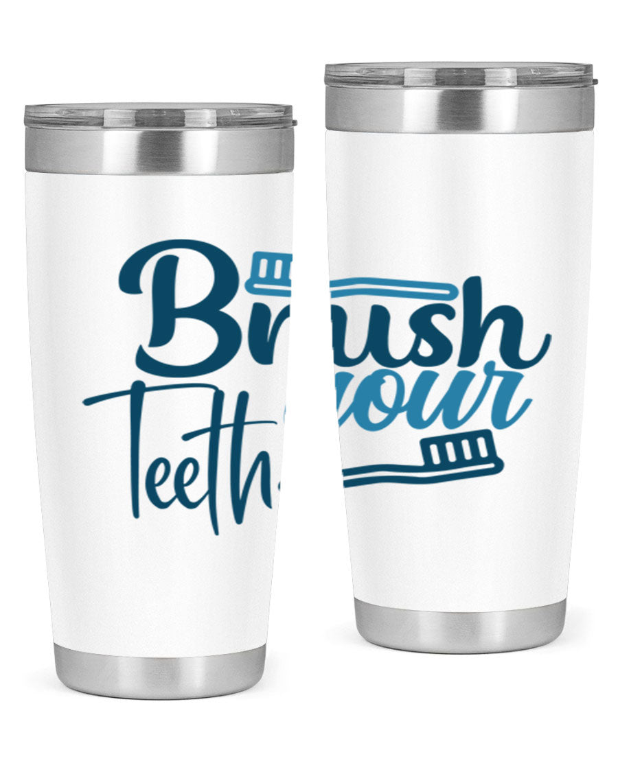 Brush Your Teeth 87# Tumbler in stainless steel with a drink-thru lid, showcasing its sleek design and double wall insulation.