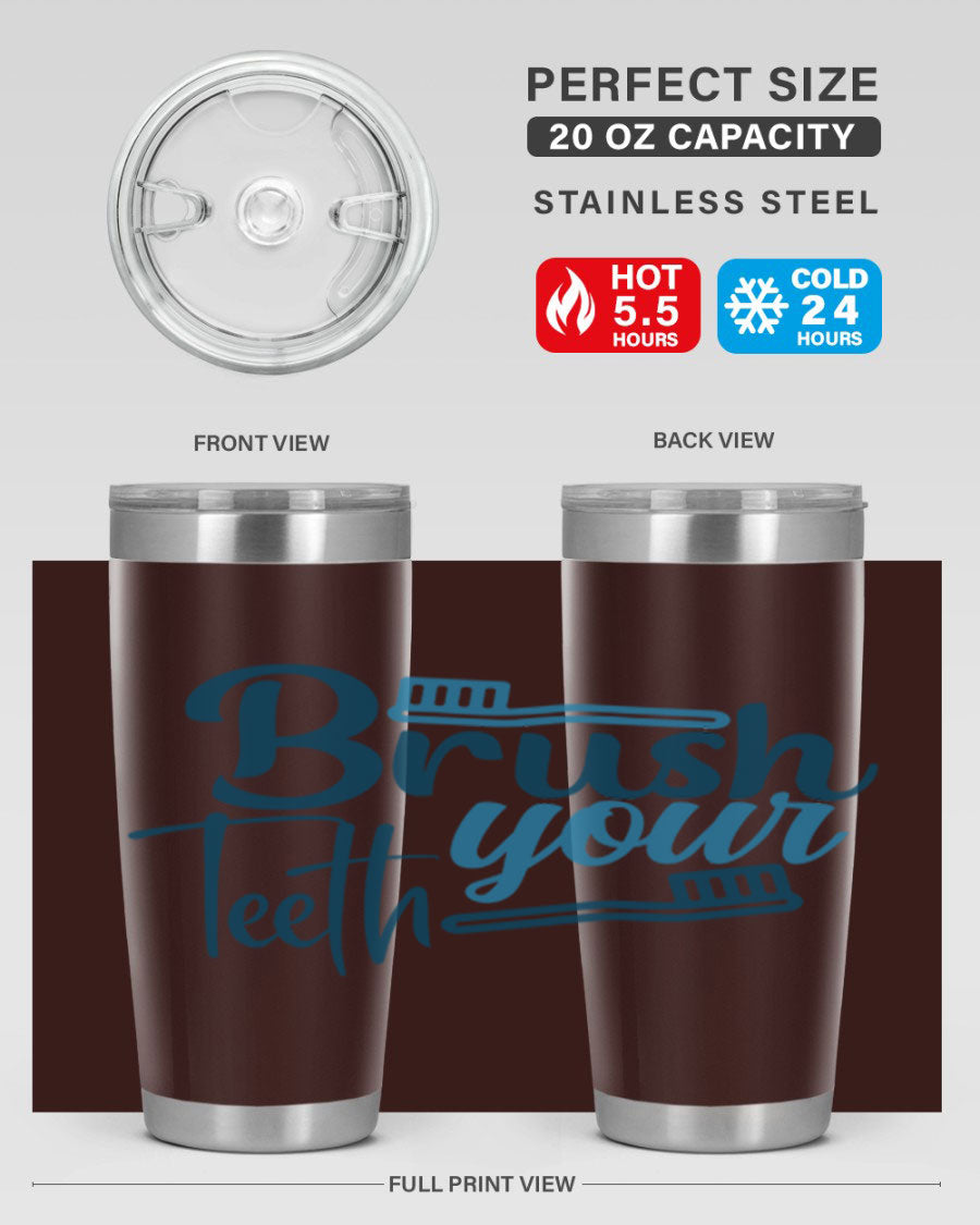 Brush Your Teeth 87# Tumbler in stainless steel with a drink-thru lid, showcasing its sleek design and double wall insulation.