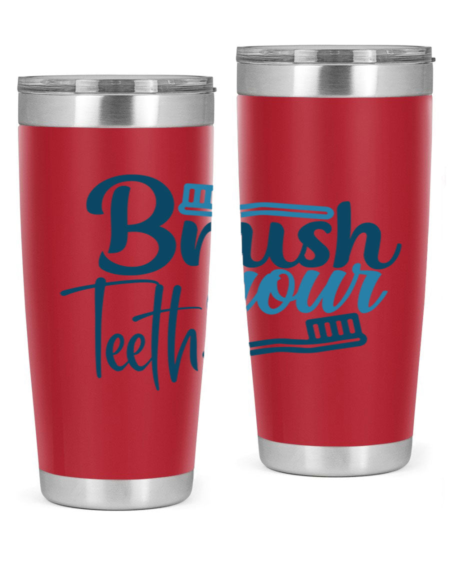 Brush Your Teeth 87# Tumbler in stainless steel with a drink-thru lid, showcasing its sleek design and double wall insulation.