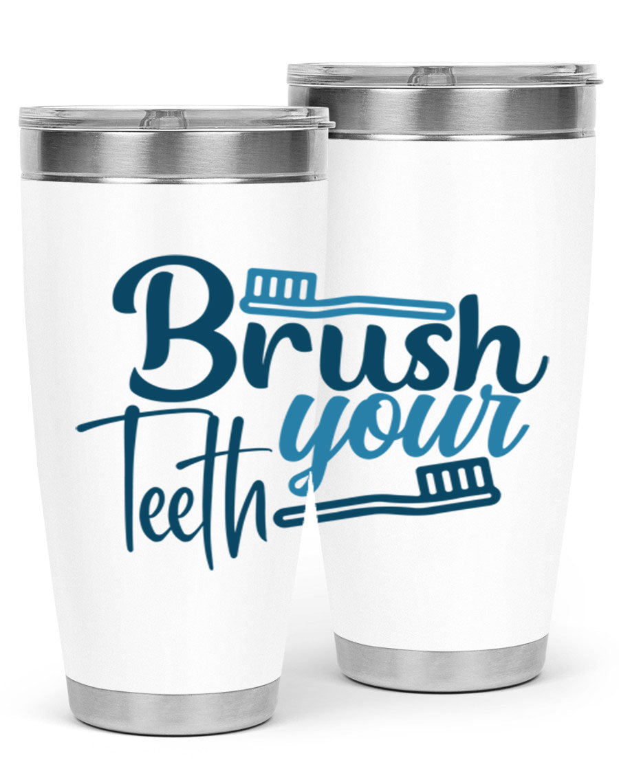 Brush Your Teeth 87# Tumbler in stainless steel with a drink-thru lid, showcasing its sleek design and double wall insulation.