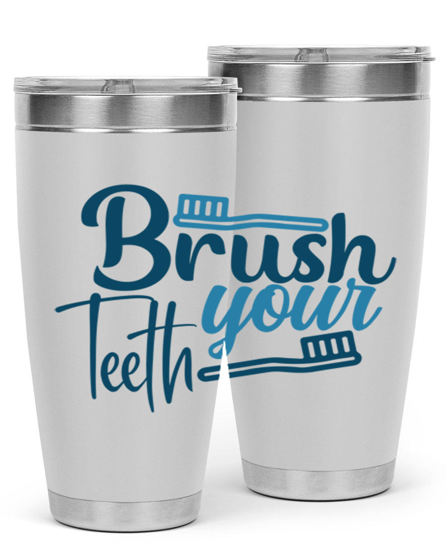 Brush Your Teeth 87# Tumbler in stainless steel with a drink-thru lid, showcasing its sleek design and double wall insulation.