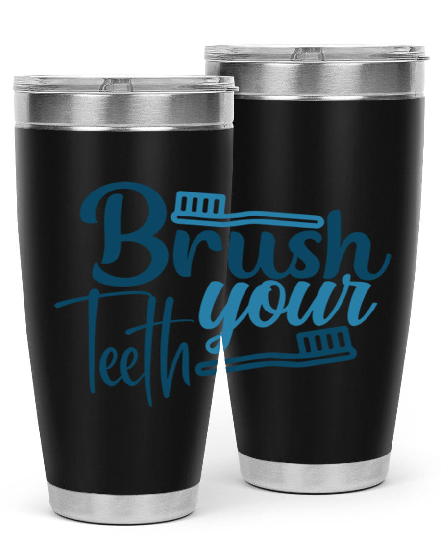 Brush Your Teeth 87# Tumbler in stainless steel with a drink-thru lid, showcasing its sleek design and double wall insulation.