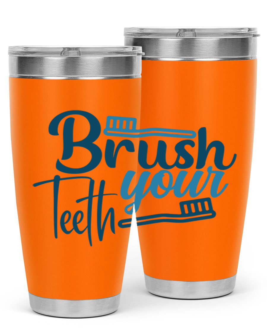 Brush Your Teeth 87# Tumbler in stainless steel with a drink-thru lid, showcasing its sleek design and double wall insulation.