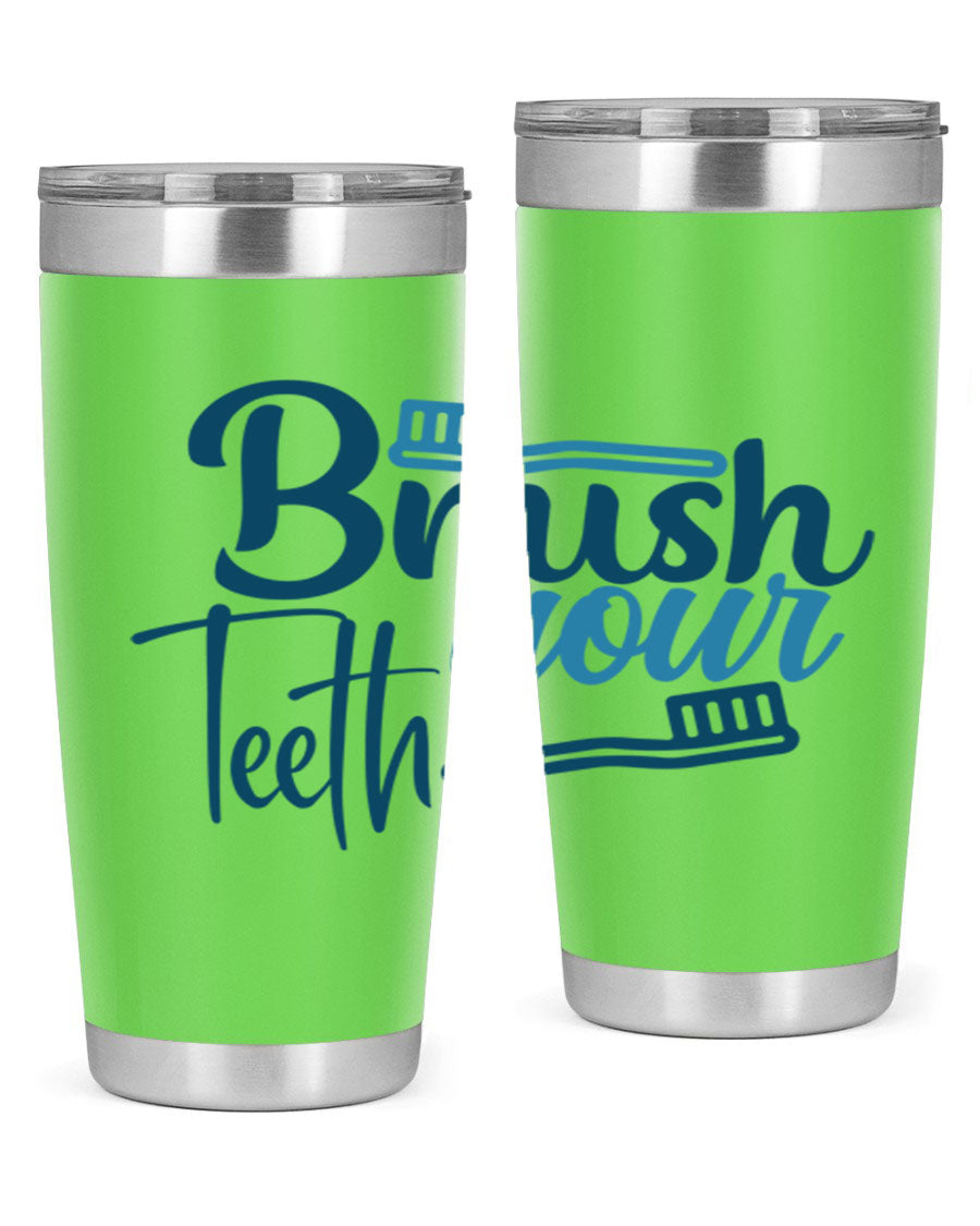 Brush Your Teeth 87# Tumbler in stainless steel with a drink-thru lid, showcasing its sleek design and double wall insulation.