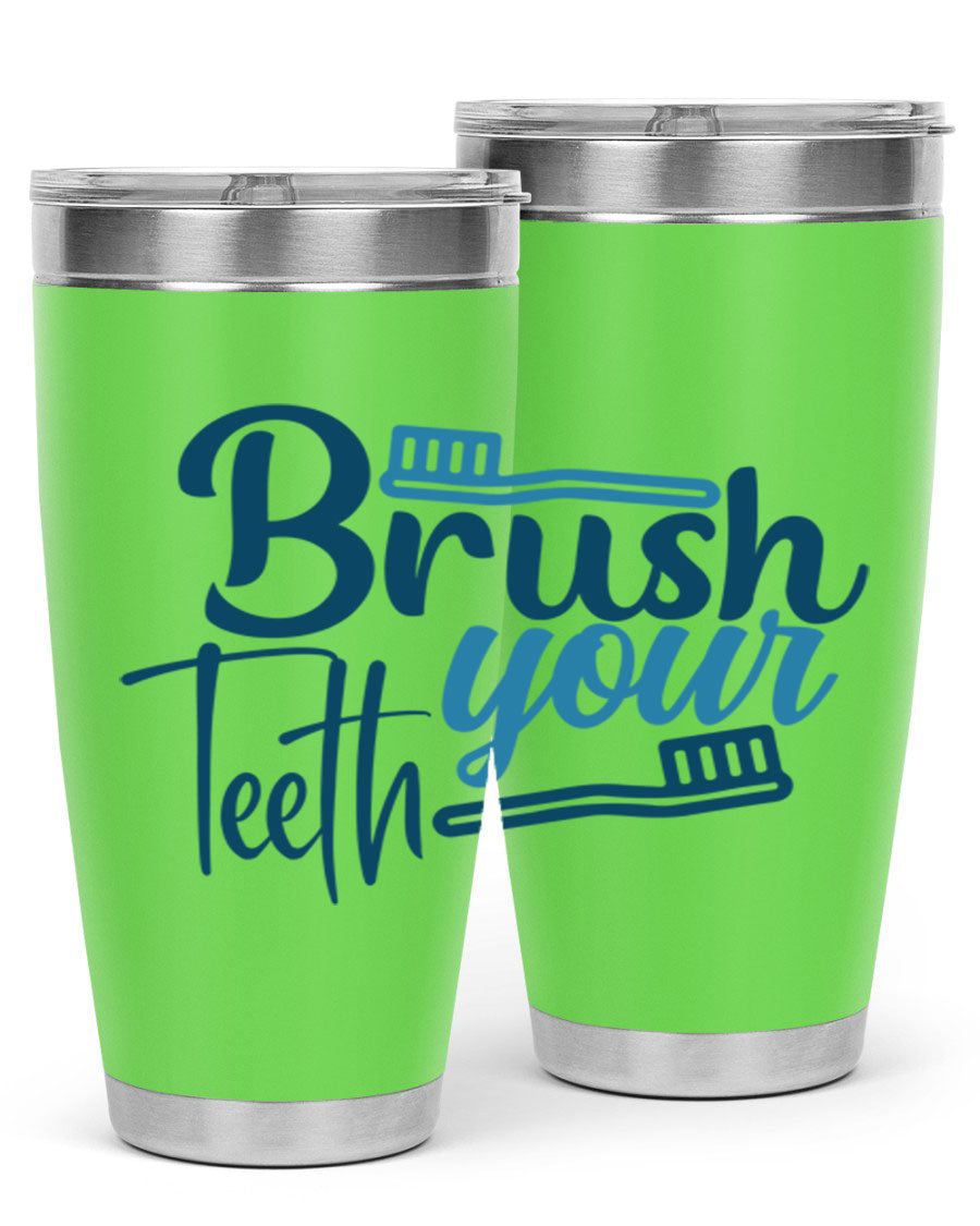 Brush Your Teeth 87# Tumbler in stainless steel with a drink-thru lid, showcasing its sleek design and double wall insulation.