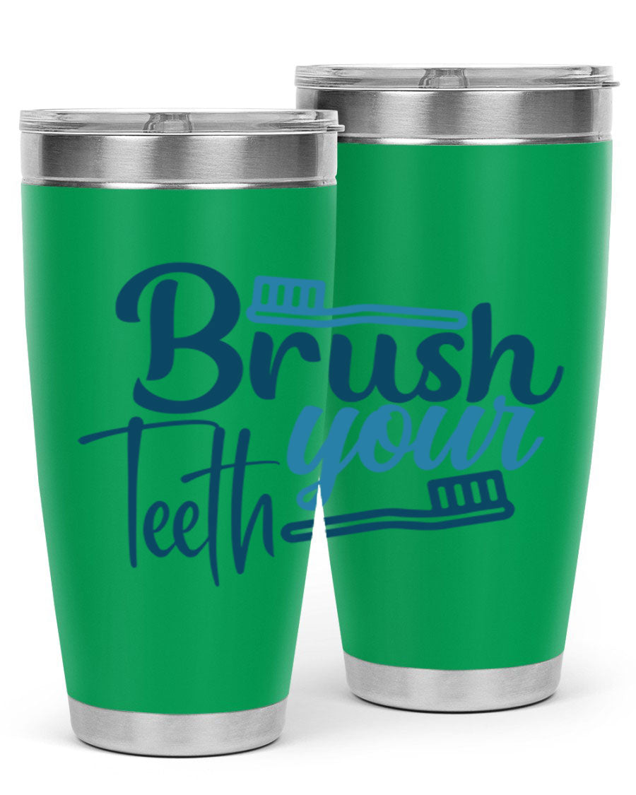 Brush Your Teeth 87# Tumbler in stainless steel with a drink-thru lid, showcasing its sleek design and double wall insulation.