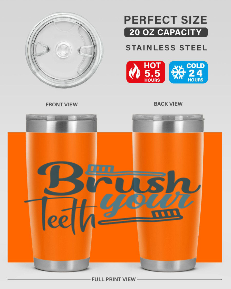 Brush Your Teeth 87# Tumbler in stainless steel with a drink-thru lid, showcasing its sleek design and double wall insulation.