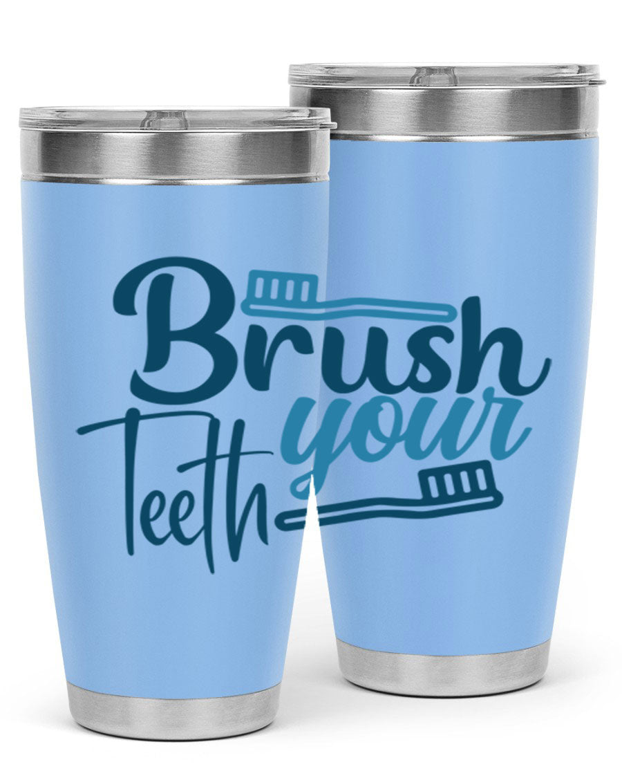 Brush Your Teeth 87# Tumbler in stainless steel with a drink-thru lid, showcasing its sleek design and double wall insulation.