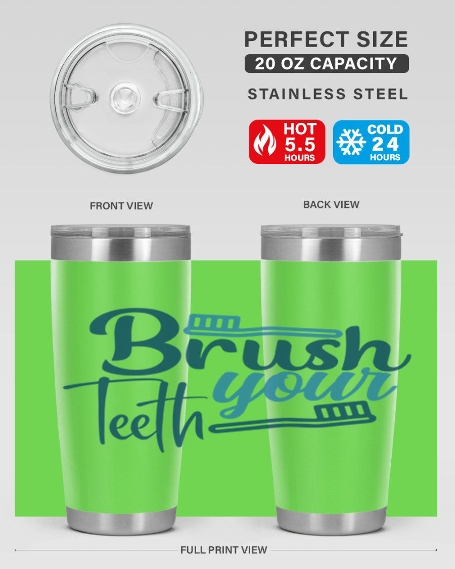 Brush Your Teeth 87# Tumbler in stainless steel with a drink-thru lid, showcasing its sleek design and double wall insulation.