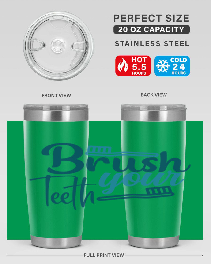 Brush Your Teeth 87# Tumbler in stainless steel with a drink-thru lid, showcasing its sleek design and double wall insulation.